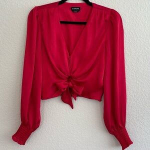 Bebe Red Puff Sleeve Tie-Front Crop Blouse – Size Small